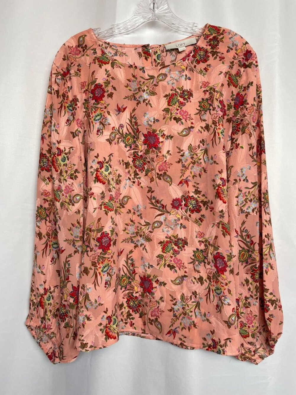 LOFT Pink Floral Balloon Sleeve Blouse Professional Cottagecore Textured Top XL